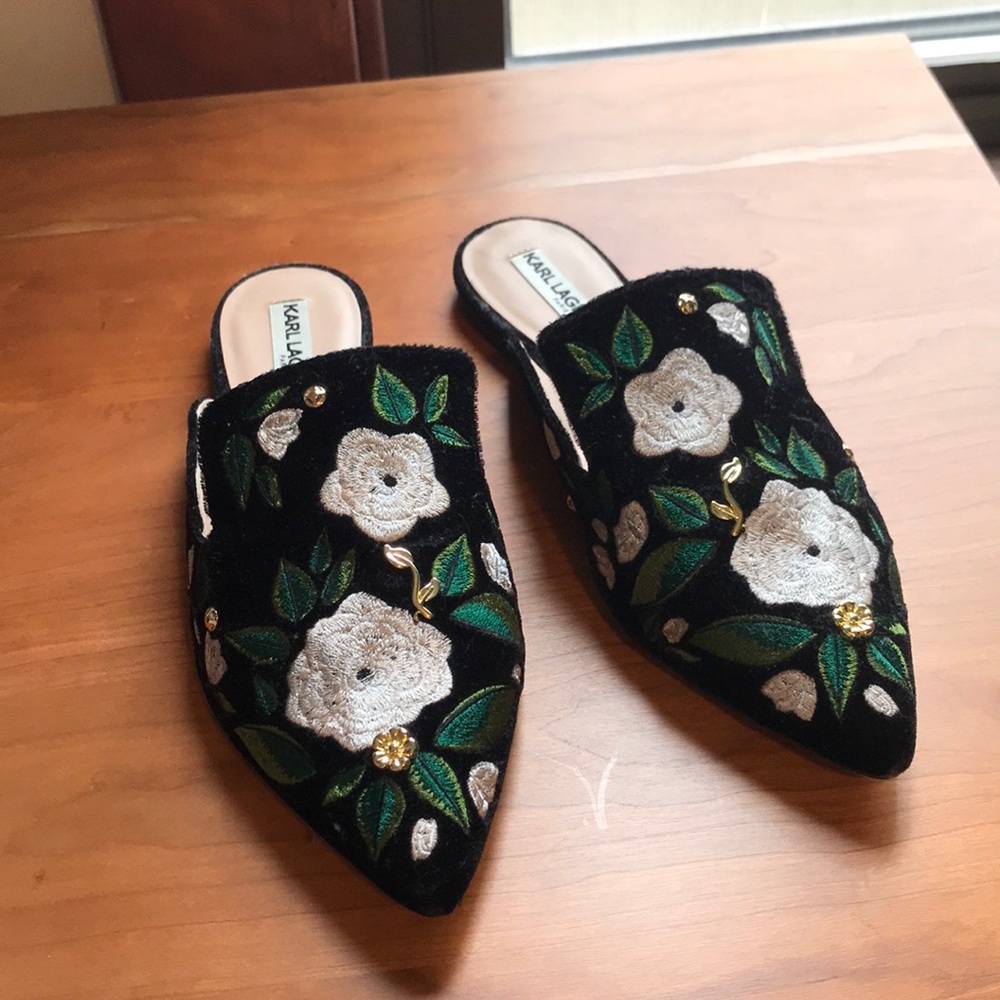 Karl Lagerfeld embroidered velvet mules